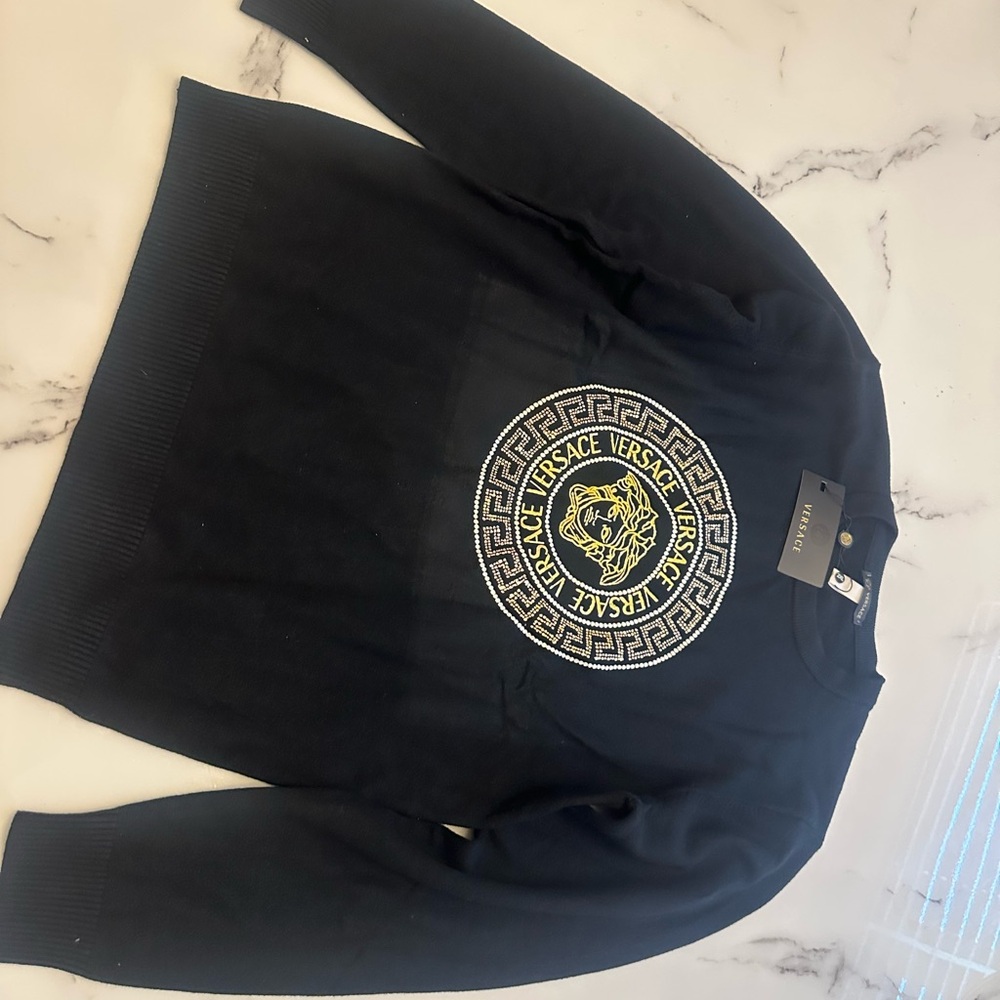 Versace Black Top with Gold and White Medusa Design
